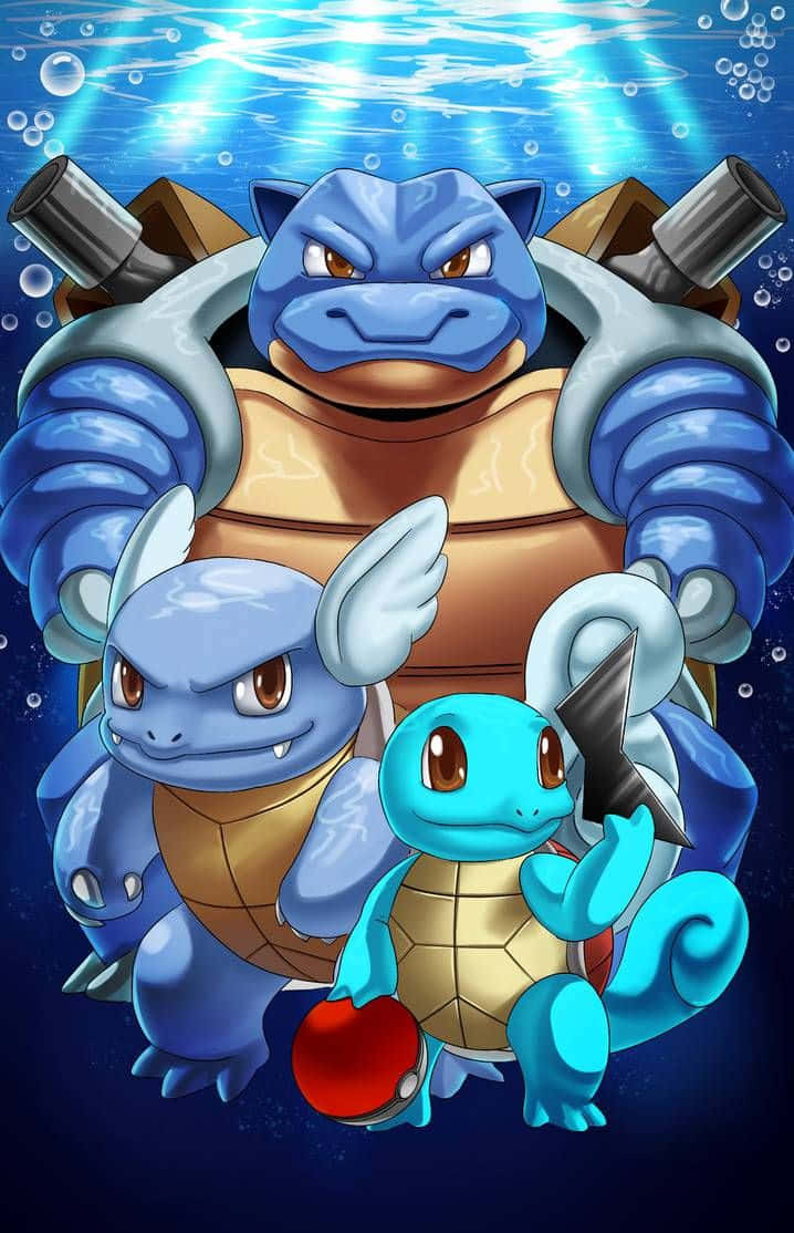 Pokemon Evolution 桌布 壁紙 — 三隻藍色寶可夢在水底游泳，氣泡上升，陽光從上方穿透而下。