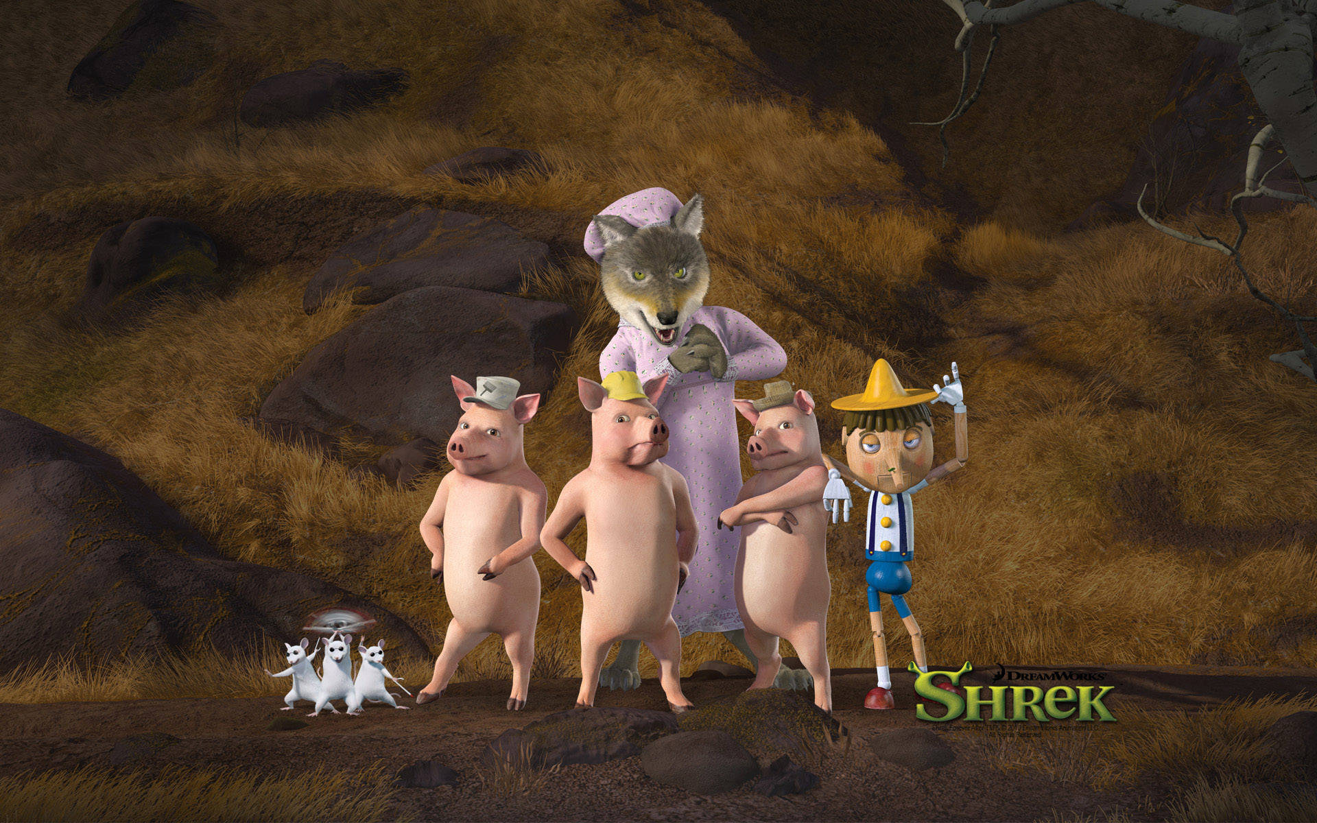 shrek 4K 桌布 壁紙 — 三隻豬、一隻紫色狼和一個戴帽子的男孩一起站在岩石草地上。
