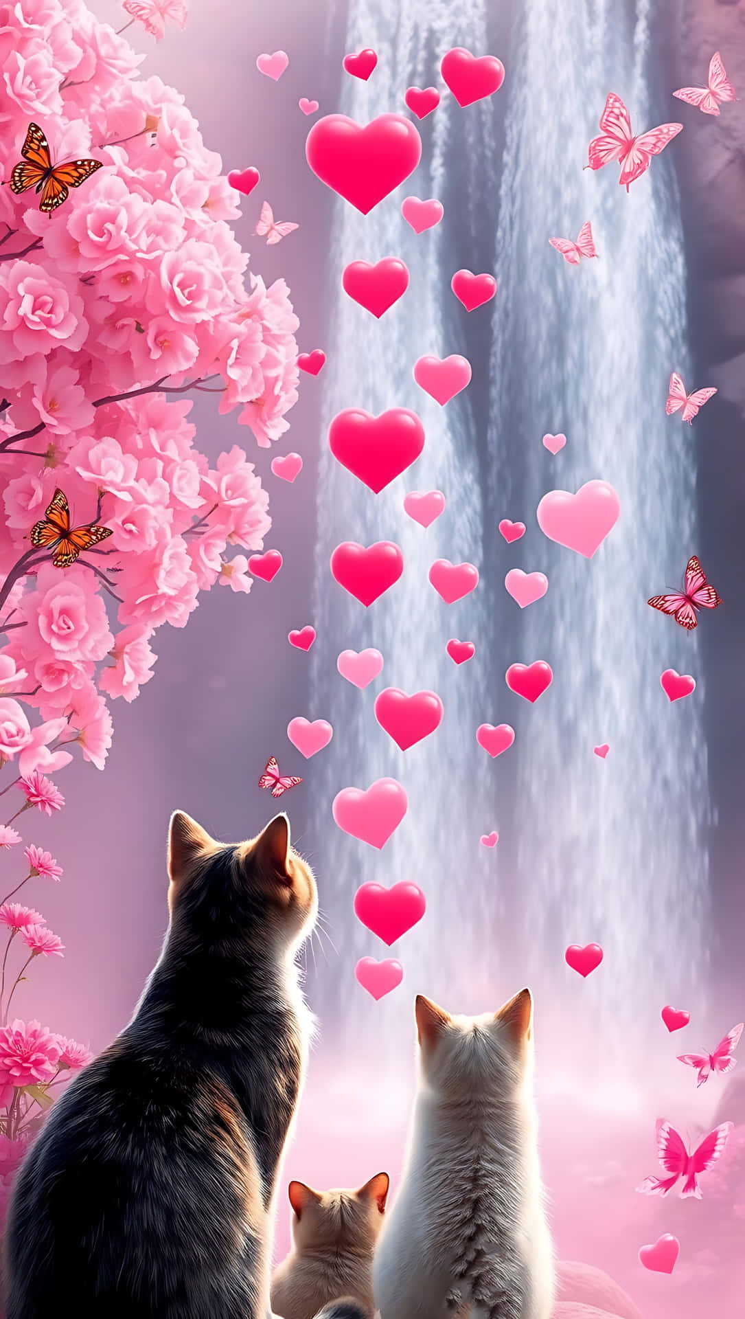 Love Cascades: Waterfall of Hearts, smartphone wallpaper 壁紙 — 三隻貓仰望瀑布，周圍漂浮著粉紅色的愛心和蝴蝶，盛開的櫻花環繞。