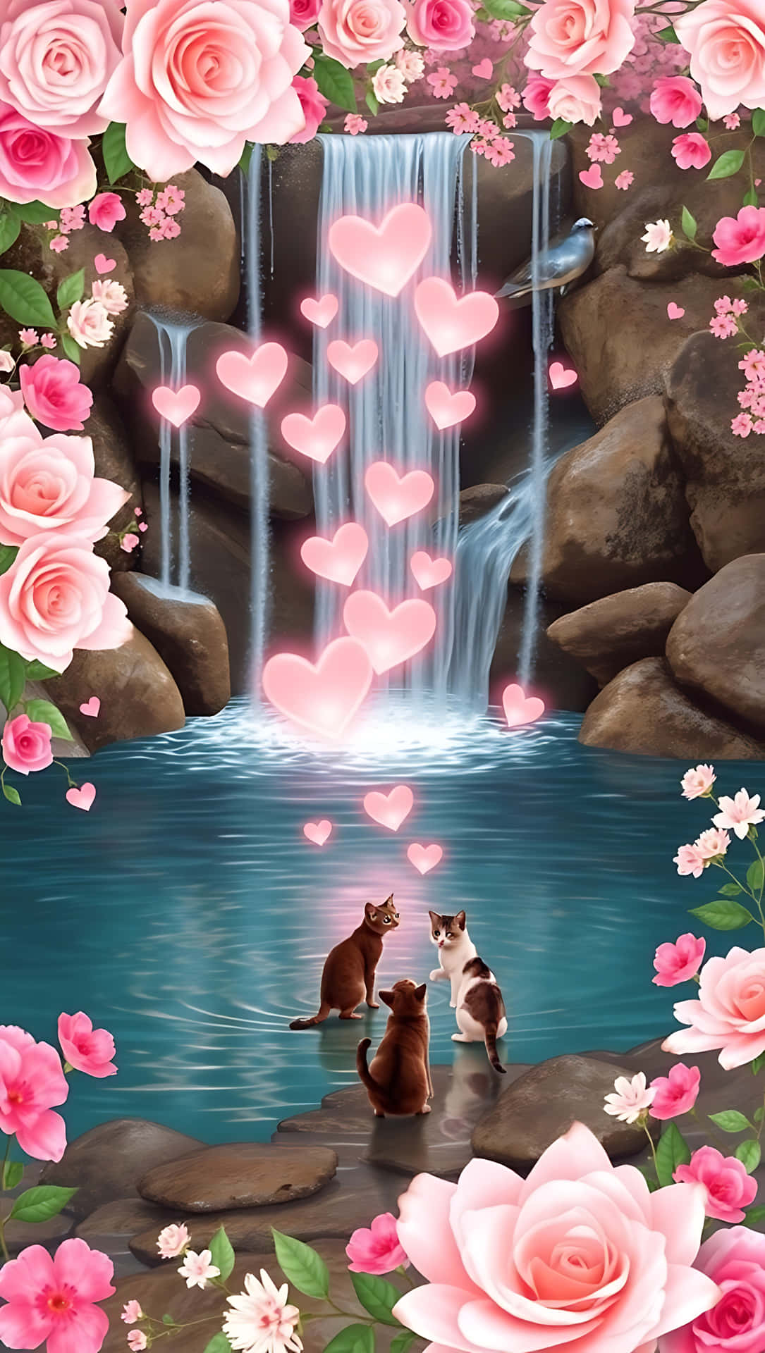 Heartfall: A Love Waterfall Scene. smartphone wallpaper 壁紙 — 三隻貓凝視著一個發光的瀑布，周圍環繞著粉紅玫瑰和漂浮的心形。