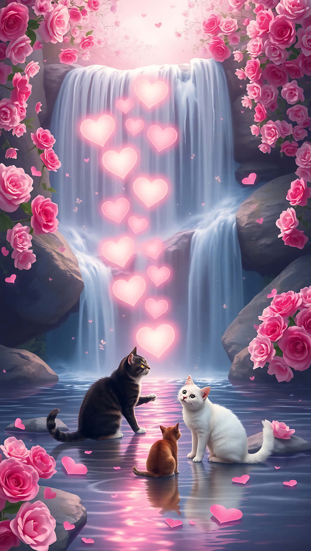 Heartfall: A Love Waterfall Scene. smartphone wallpaper 壁紙 — 三隻貓凝視著從瀑布中墜落的發光粉紅色心形，瀑布周圍環繞著大量的粉紅色玫瑰。
