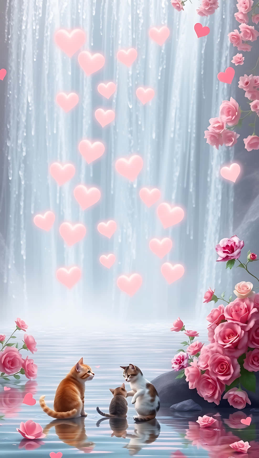 Heartfall: A Love Waterfall Scene. smartphone wallpaper 壁紙 — 三隻貓坐在瀑布旁，粉紅色的心形在盛開的玫瑰旁邊飄落。
