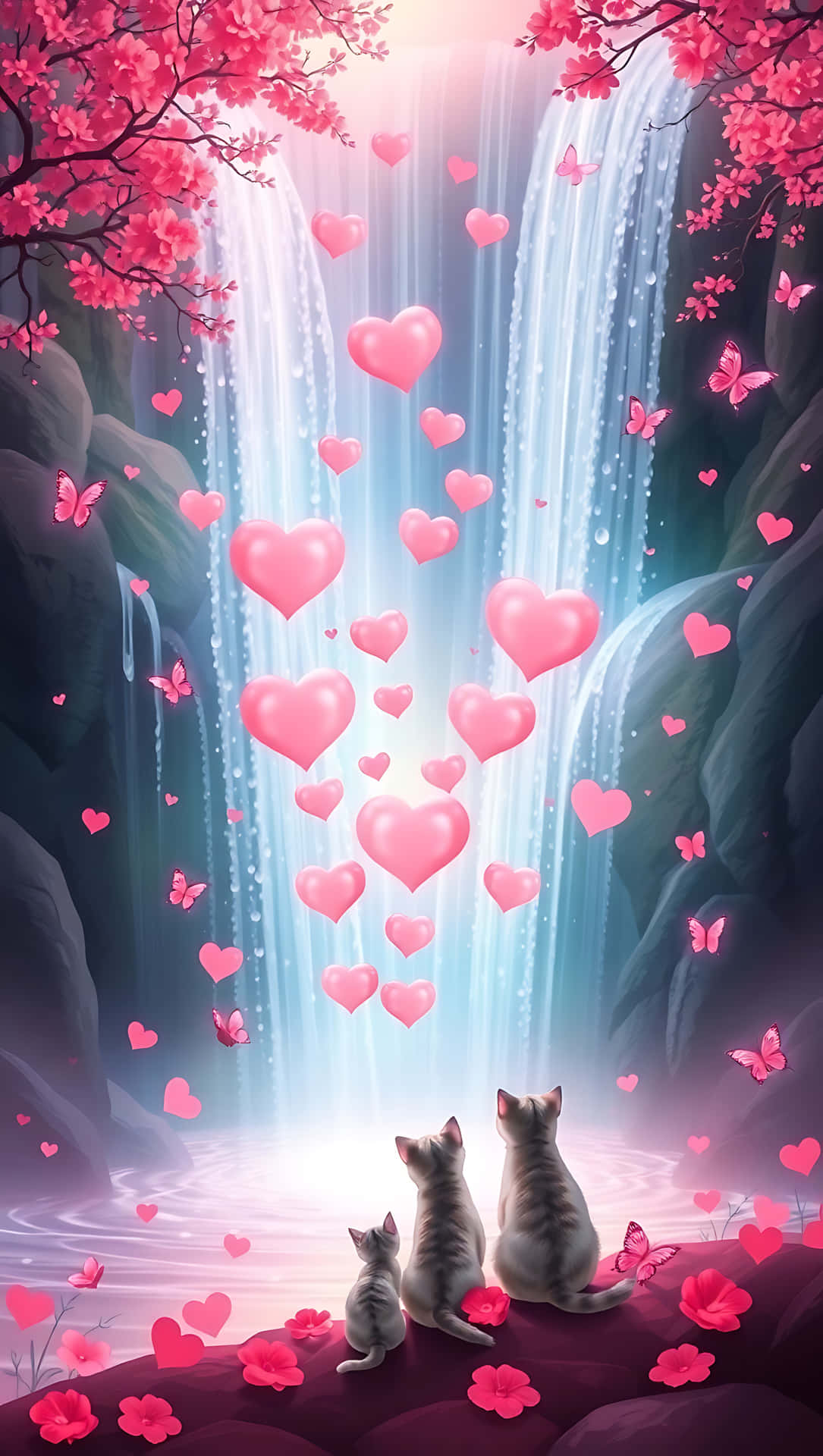 Love Cascades: Waterfall of Hearts, smartphone wallpaper 壁紙 — 三隻貓坐在發光的瀑布前，周圍環繞著粉紅色的櫻花和漂浮的心形。