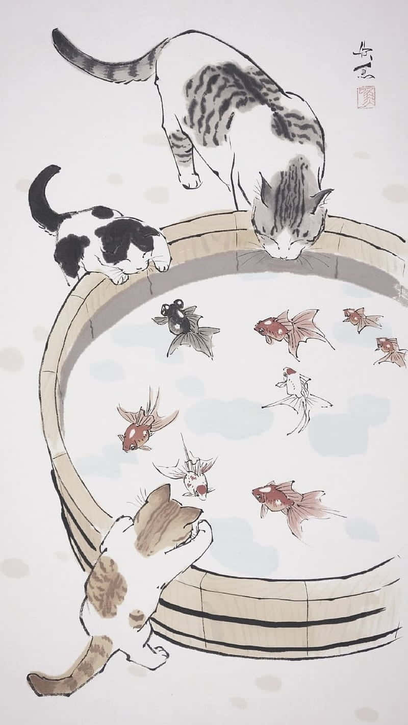 Cats 桌布 壁紙 — 三隻貓好奇地窺視一個裝滿彩色金魚的木桶，以極簡水墨風格呈現。