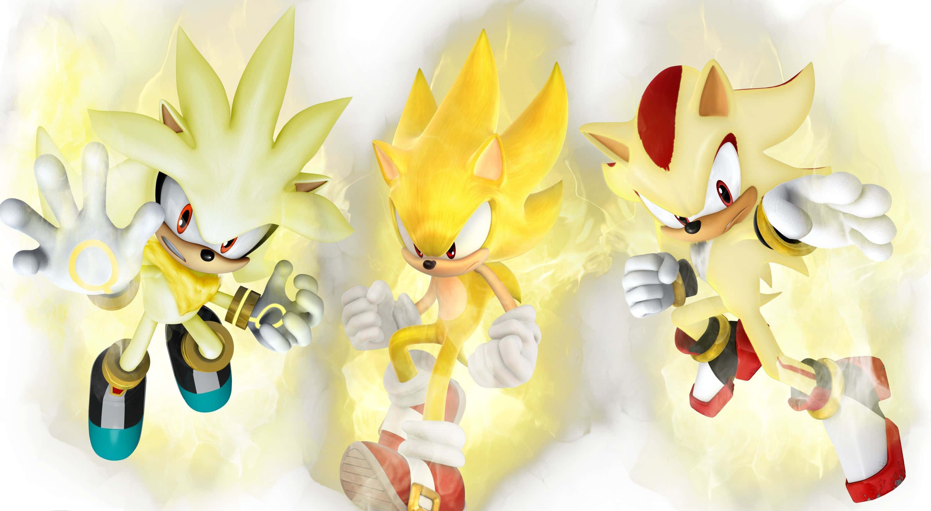 Super Sonic 桌布 壁紙 — 三隻金色刺蝟以動態姿勢在發光的黃色和白色背景前散發能量。