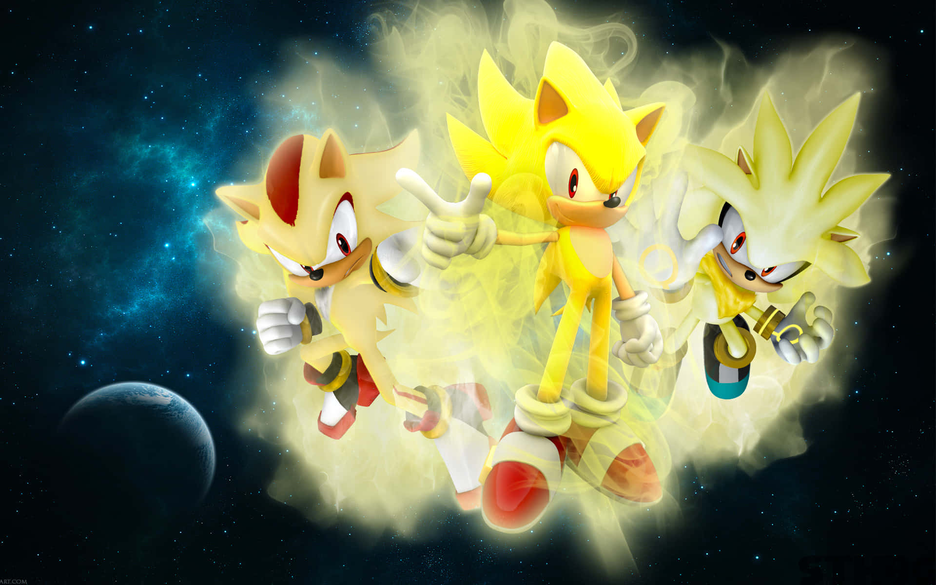 Super Sonic 桌布 壁紙 — 三隻金色刺蝟在星光宇宙背景下，穿過宇宙星雲，留下發光的能量軌跡。