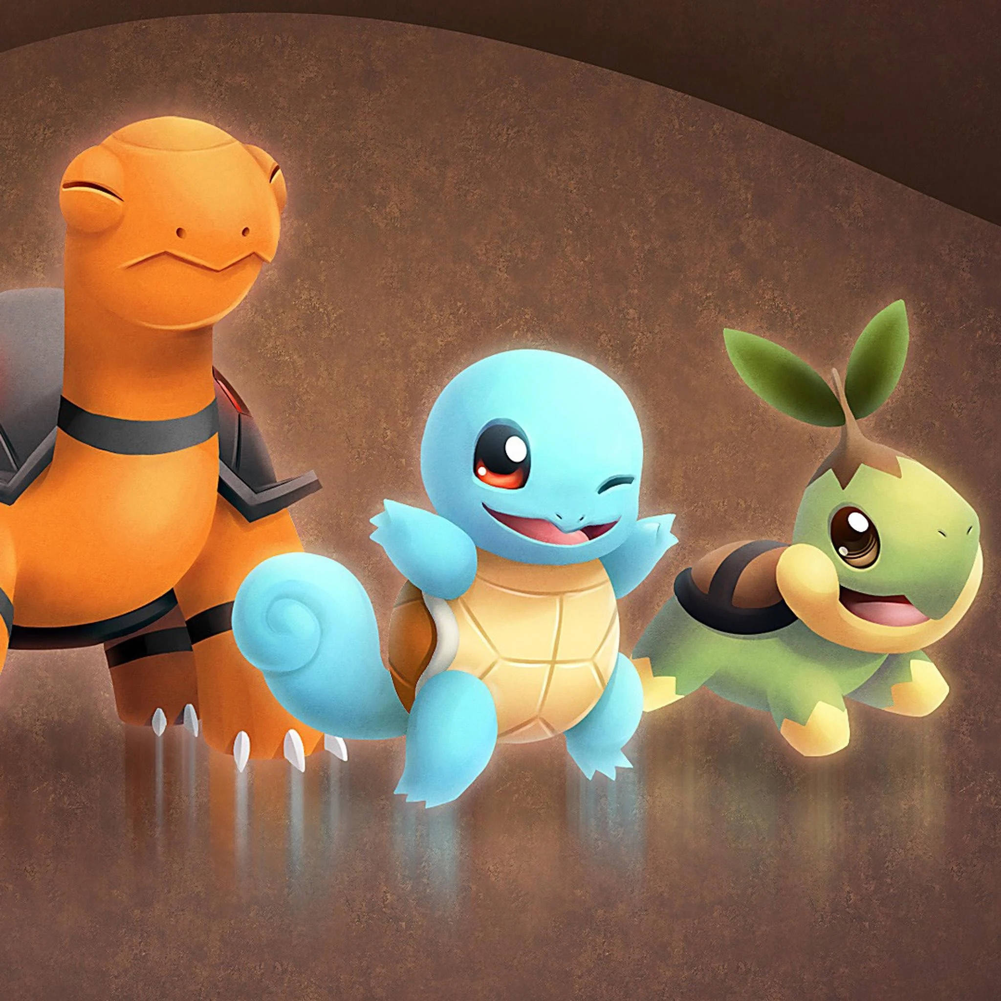 寶可夢 桌布 壁紙 — 三隻開心的 Pokémon 初始寶可夢——小火龍、傑尼龜和妙蛙種子——在帶有紋理的棕色表面上以柔和光線一起擺姿勢。