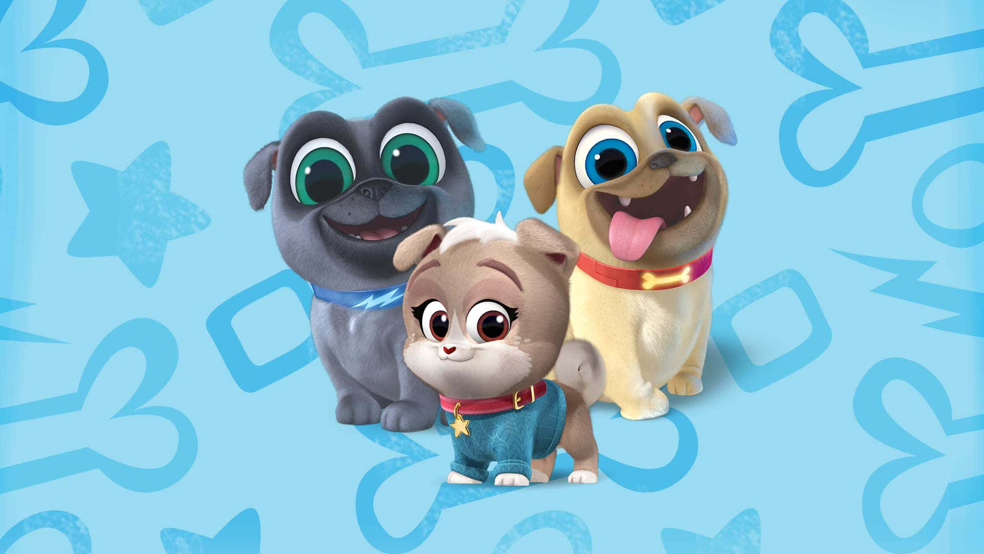 Puppy Dog Pals 桌布 壁紙 — 三隻開心的動畫小狗，有大眼睛和頑皮表情，站在淺藍色背景前面，背景有骨頭和星星圖案。