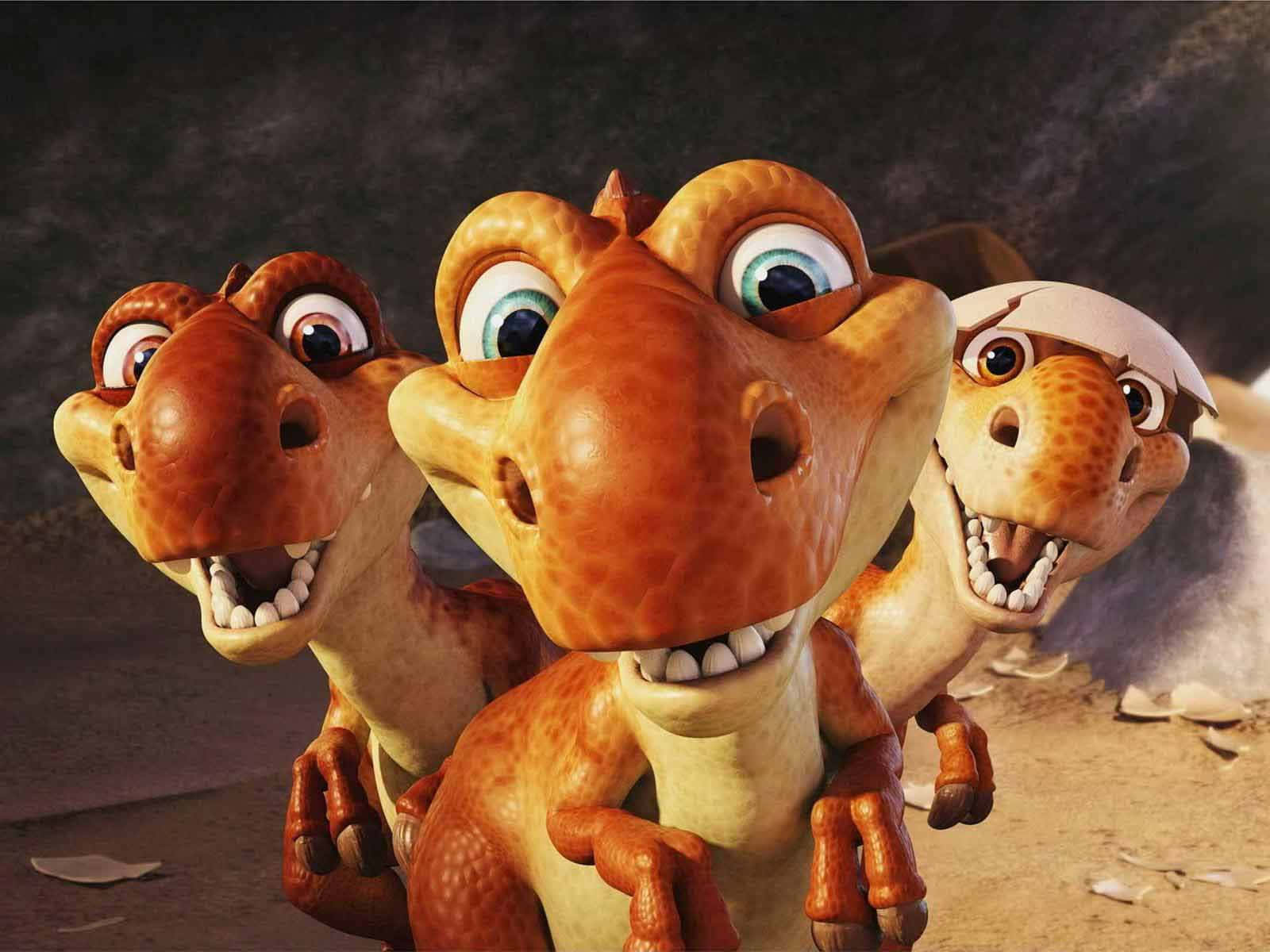 Cute Dinosaur 桌布 壁紙 — 三隻開心的卡通恐龍，有大眼睛和露齒笑容，從裂開的蛋殼中探出頭來。