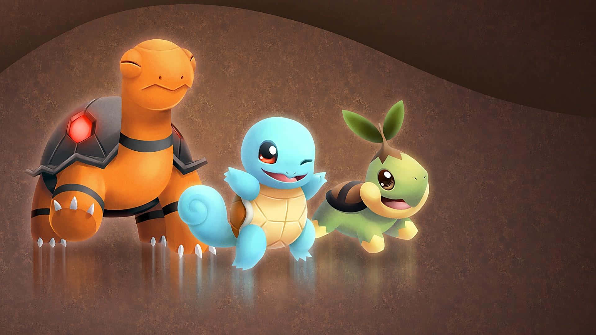 Cute Animated 桌布 壁紙 — 三隻開心的寶可夢——水箭龜、傑尼龜和妙蛙種子——一起站在一個光線溫暖、地板有反射的洞穴中。