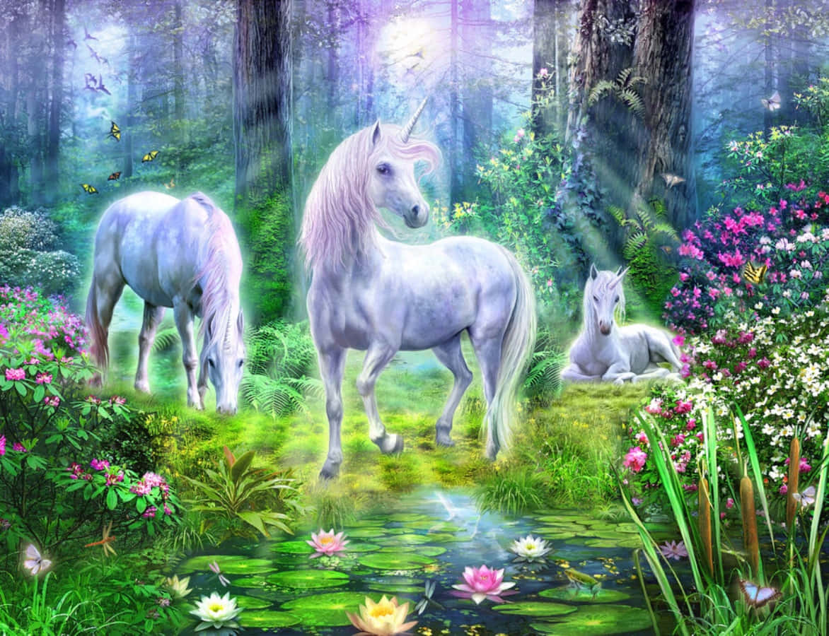Unicorns 桌布 壁紙 — 三隻雄偉的獨角獸在神秘的森林空地中吃草和休息，旁邊是一個散發柔和光芒的睡蓮池塘。