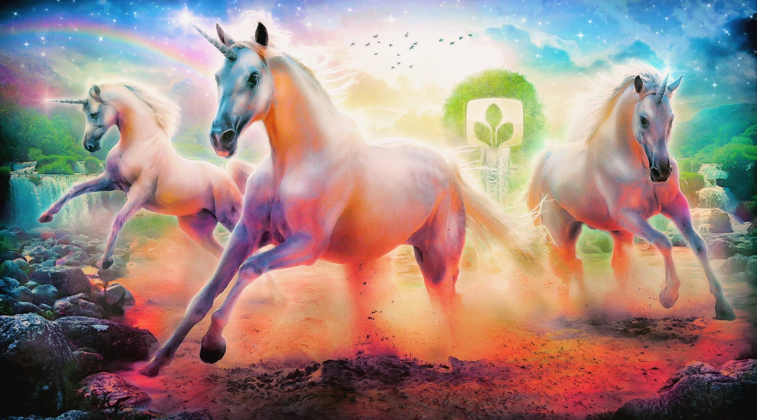 彩虹獨角獸 桌布 壁紙 — 三隻雄偉的白色獨角獸在星空下奔馳，穿越有彩虹瀑布和發光樹木的魔法景觀。