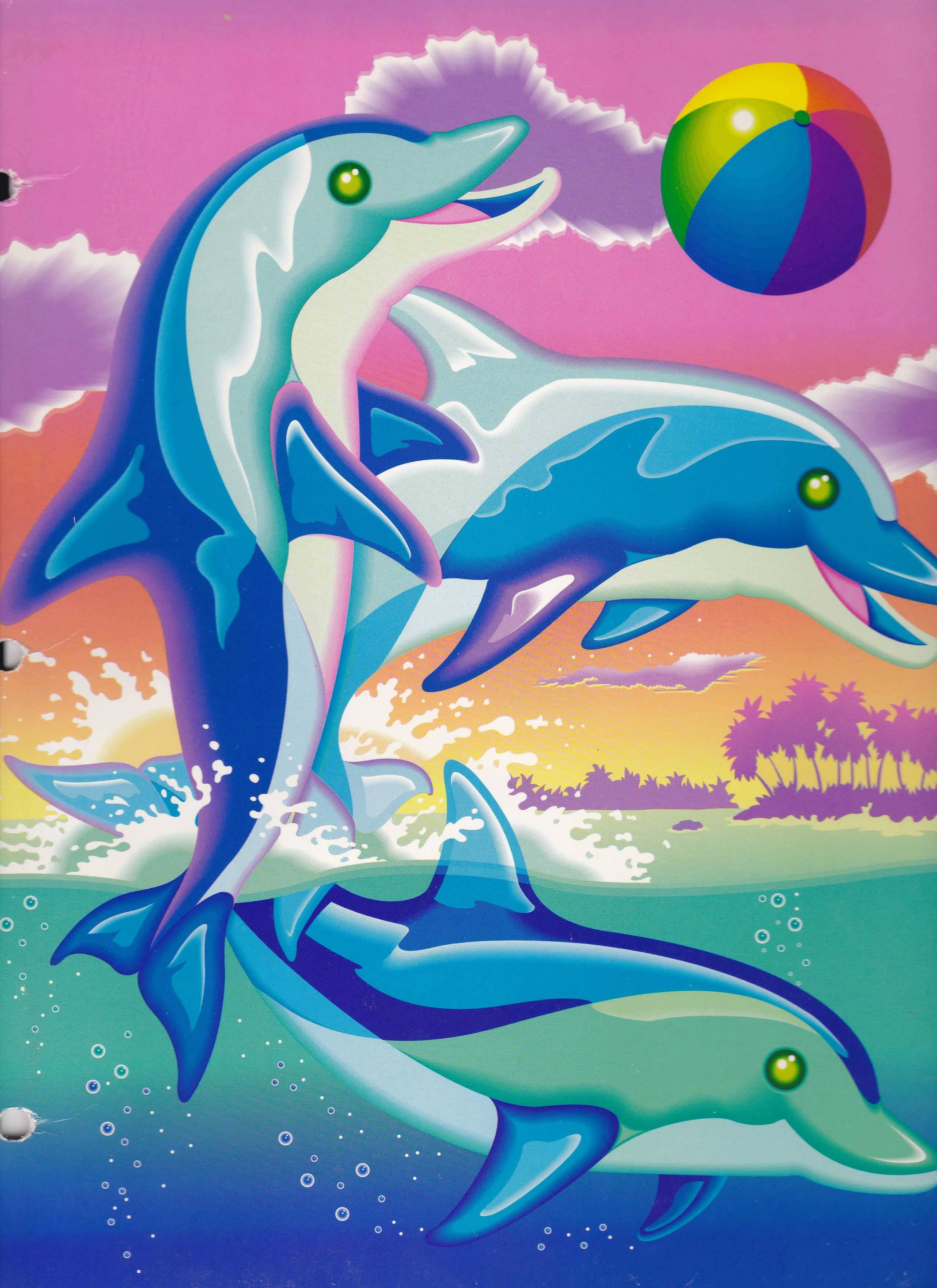 海洋 桌布 壁紙 — 三隻頑皮的海豚在粉紅色天空下跳過充滿活力的日落水域，上面漂浮著一個色彩繽紛的沙灘球。