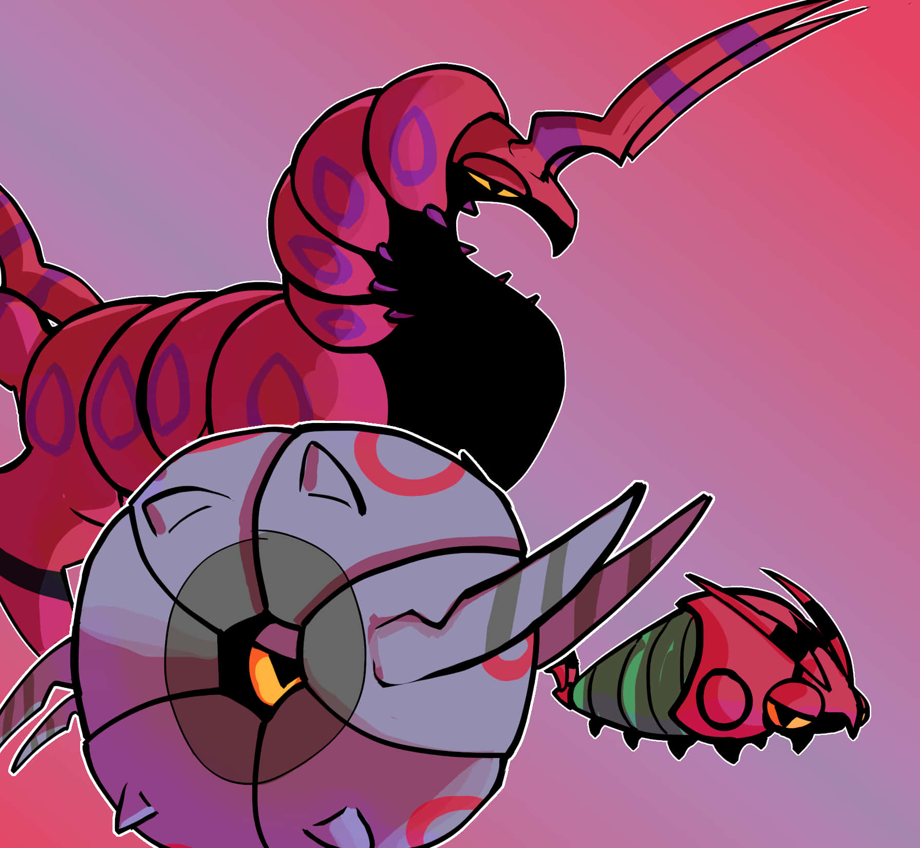 Whirlipede 桌布 壁紙 — 三隻風格化的動漫生物，擁有鋒利的角和發光的眼睛，在粉紅和紫色的漸變背景前擺姿勢。