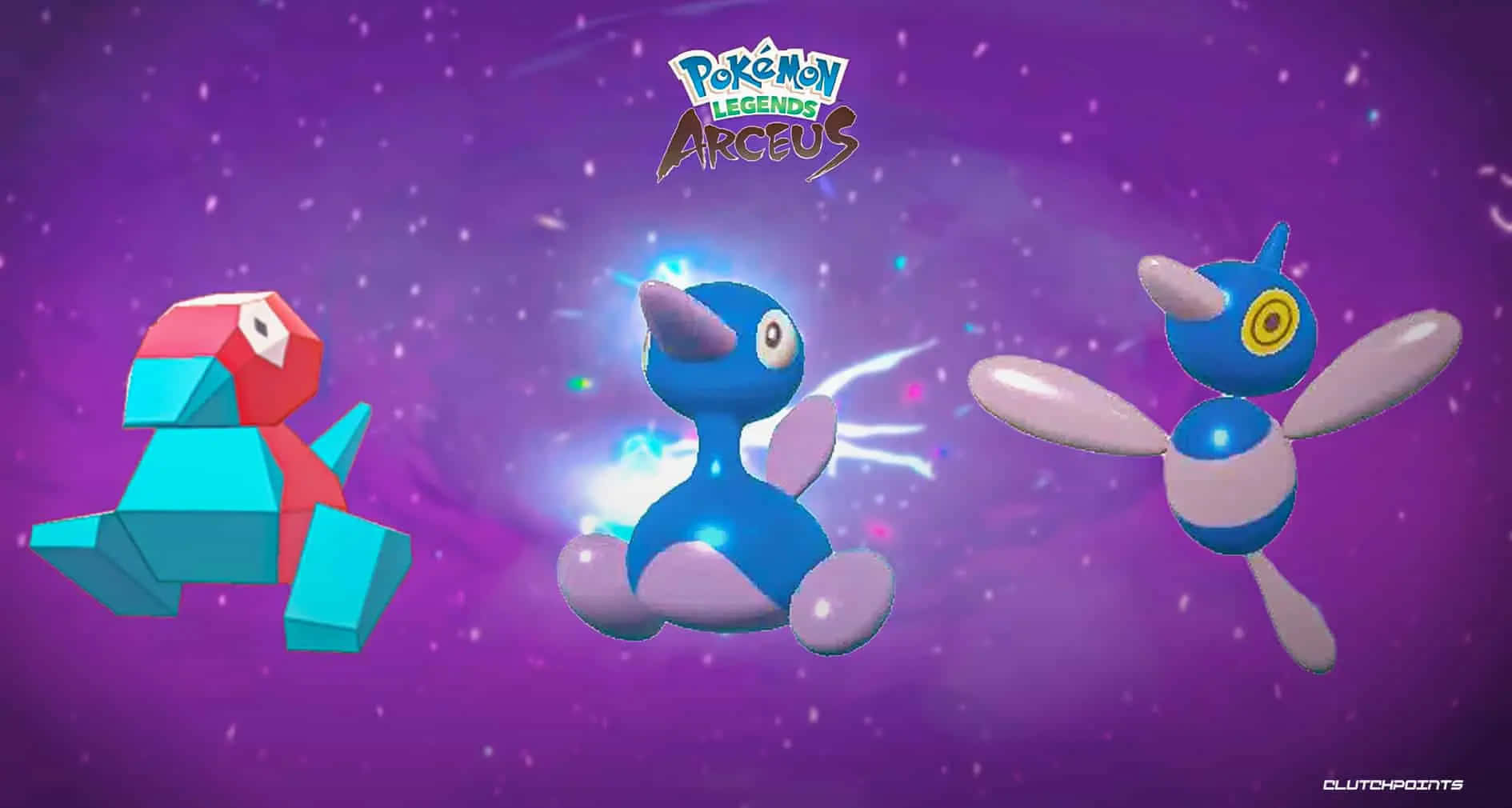 Porygon2 桌布 壁紙 — 三隻風格化的寶可夢在閃爍的紫色宇宙背景上漂浮，上方有遊戲標題文字。