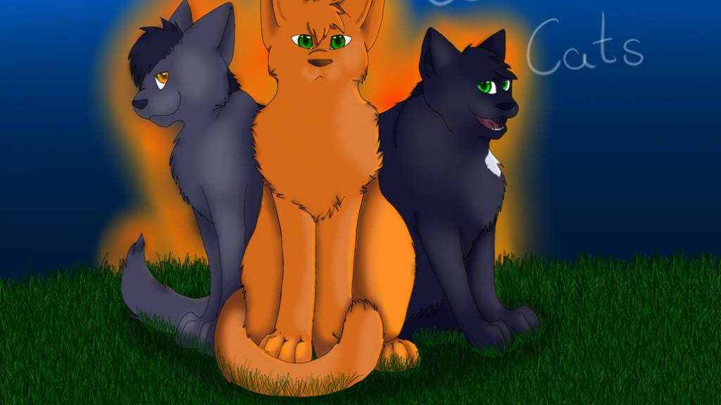 Warrior Cats 桌布 壁紙 — 三隻風格化的貓咪，眼睛發光，坐在草地上，背景是火橙色和深藍色。
