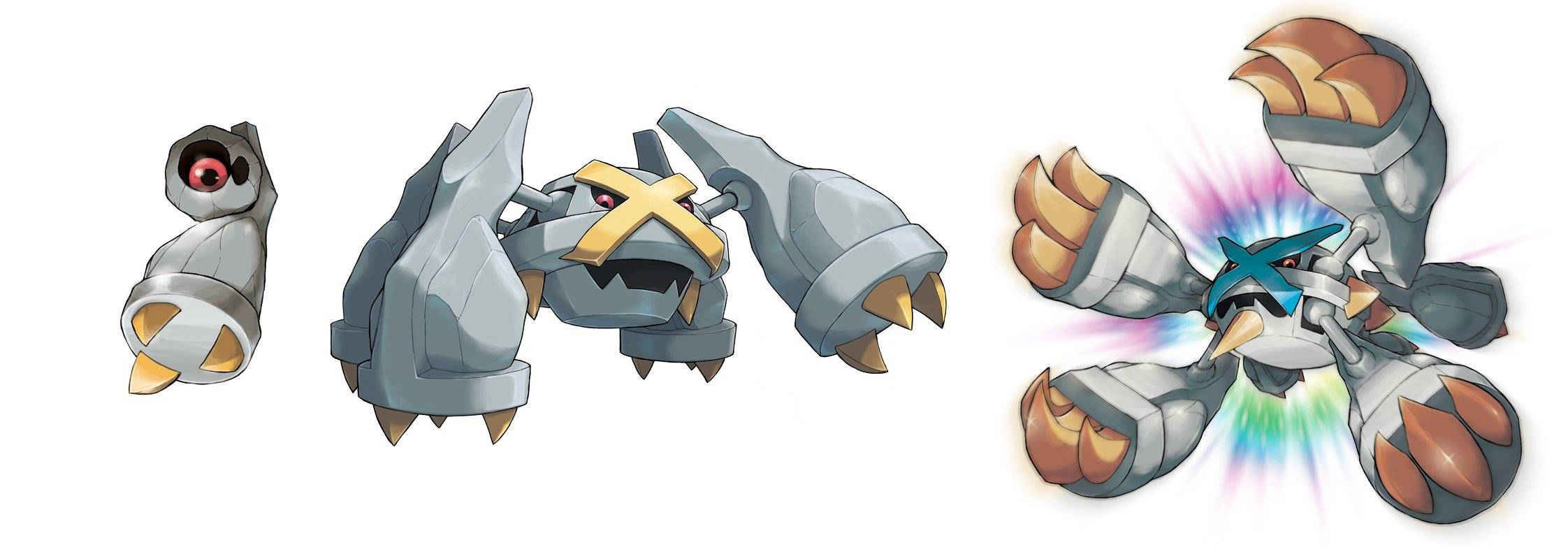 Metagross 桌布 壁紙 — 三隻風格化的金屬寶可夢，帶有發光的眼睛和爪子，以不同姿勢展示在純白背景上。