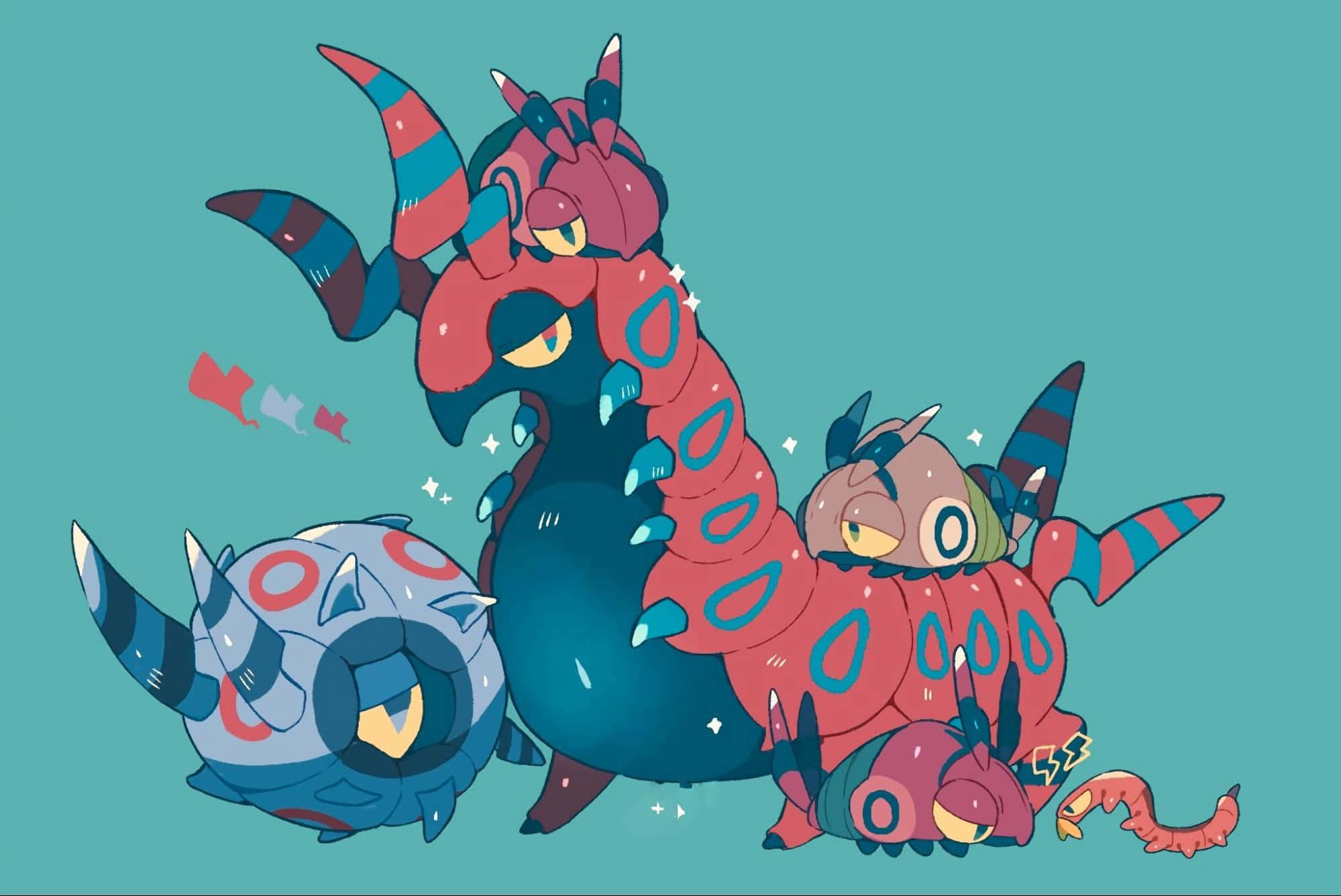 Whirlipede 桌布 壁紙 — 三隻風格化的類似寶可夢的生物，帶有紅色、藍色和藍綠色圖案，一起在純藍綠色背景上休息。