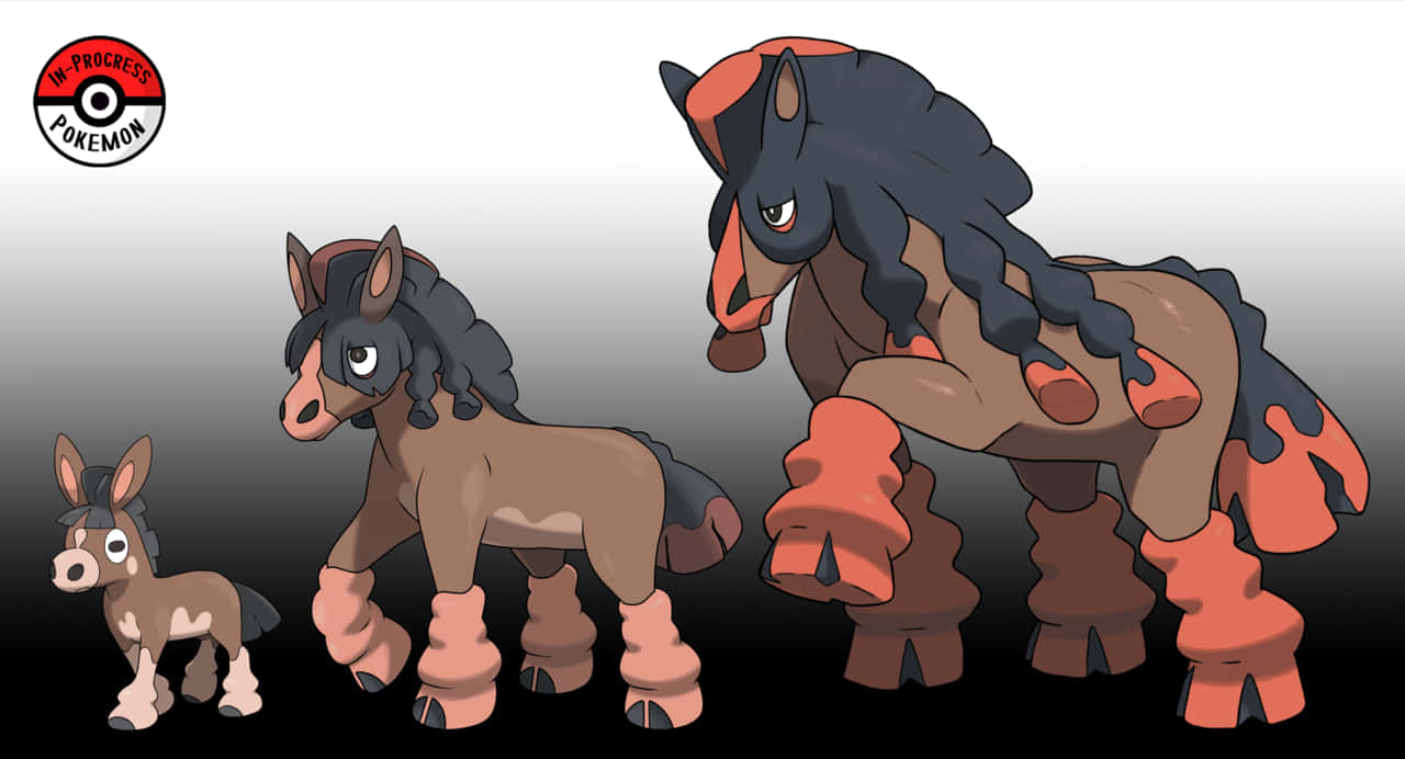 Mudsdale 桌布 壁紙 — 三隻風格化的馬形寶可夢處於進化階段，站在漸變背景前。