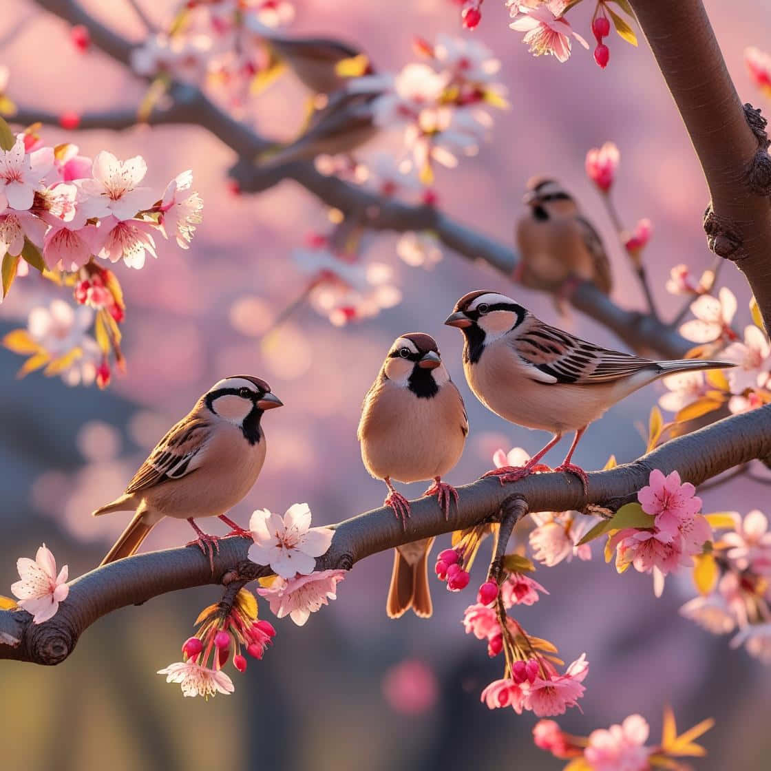 Sparrows On A Branch 壁紙 — 三隻麻雀棲息在盛開的櫻花枝上，粉嫩的花朵襯托著夢幻的暮色天空。