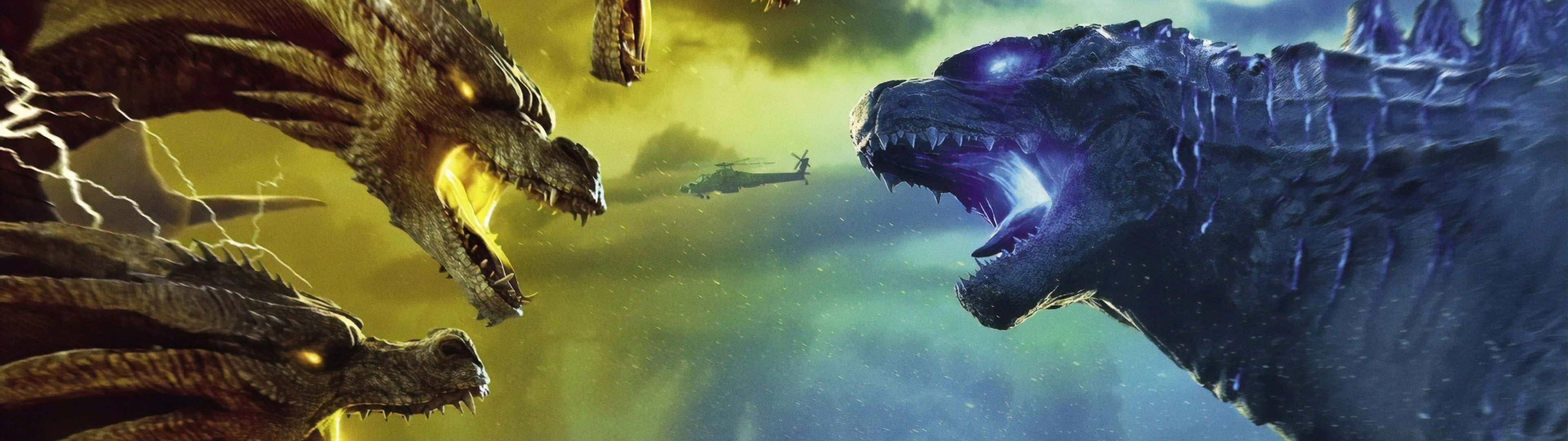 King Ghidorah 桌布 壁紙 — 三隻龐大的怪獸在雷電交加、風暴肆虐的天空下，與遠處的直升機展開史詩般的戰鬥，發出震天怒吼。
