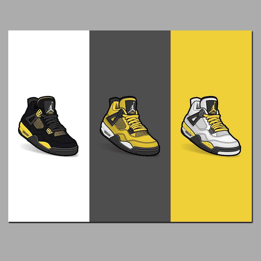 Yellow Jordan 桌布 壁紙 — 三雙Jordan 4運動鞋，分別為黑色、黃色和白色配色，展示在白色、灰色和黃色的醒目垂直條紋背景上。