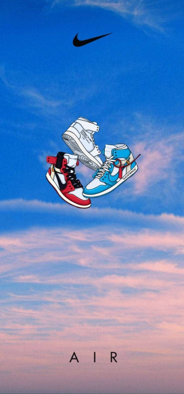 Nike Air Jordan 1 桌布 壁紙 — 三雙標誌性的Nike Air運動鞋漂浮在藍色和粉紅色雲朵的漸變天空中，上方有勾勾標誌，下方有「AIR」文字。