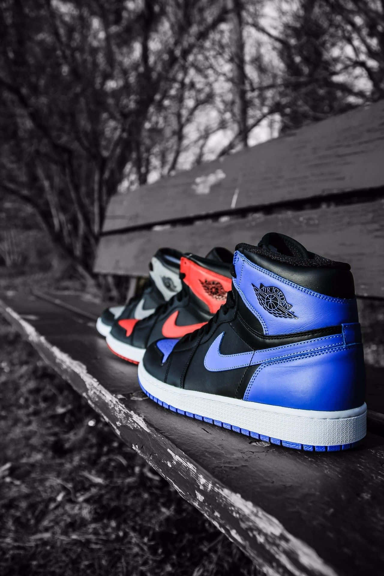 Jordan球鞋 桌布 壁紙 — 三雙色彩鮮豔的 Air Jordan 運動鞋（藍色、紅色和灰色）放在一張飽經風霜的木長椅上，背景是單色森林。
