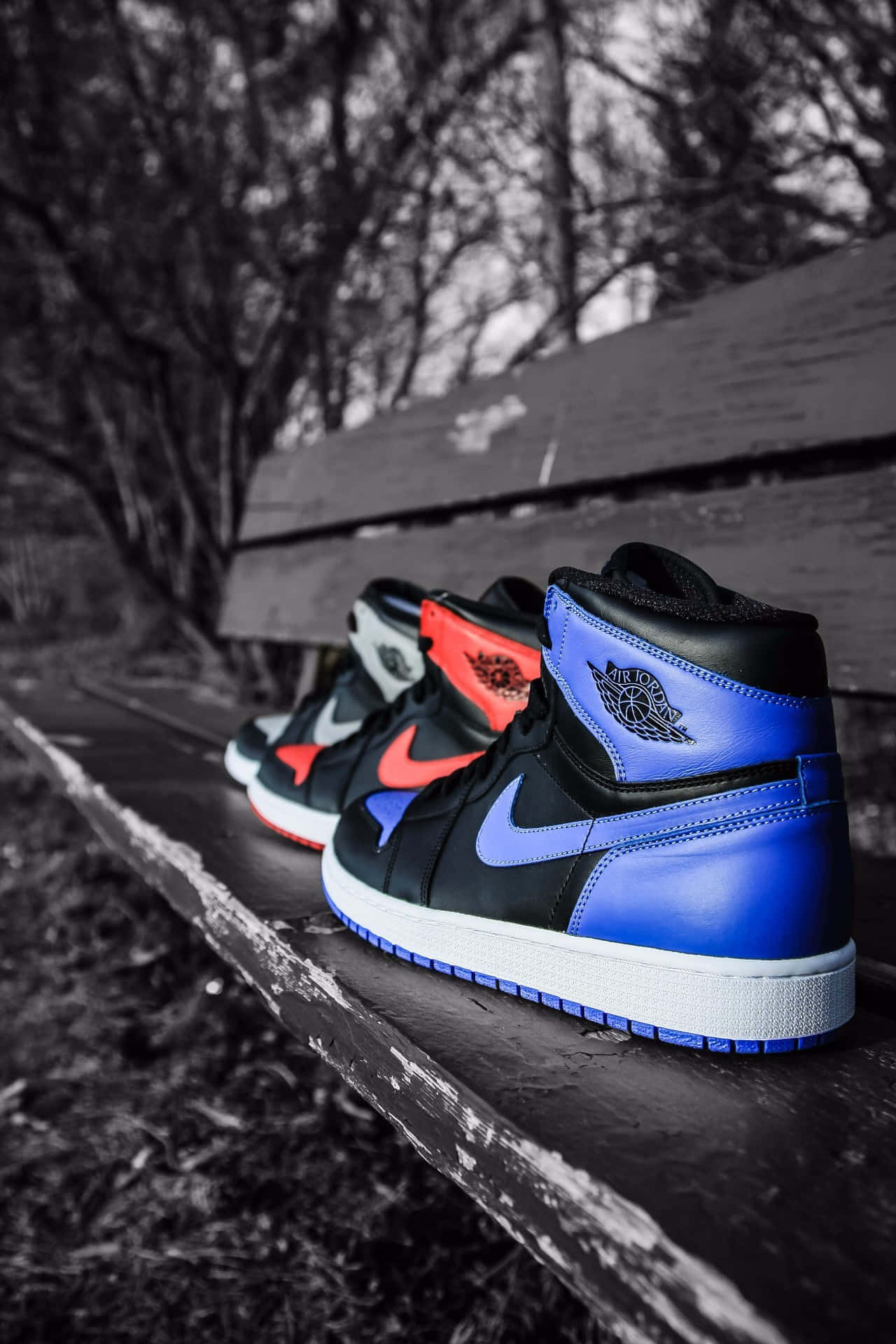 鞋子 桌布 壁紙 — 三雙色彩鮮豔的Jordan 1運動鞋（藍色、紅色和灰色）放置在一個風化的木長椅上，背景是單色森林。