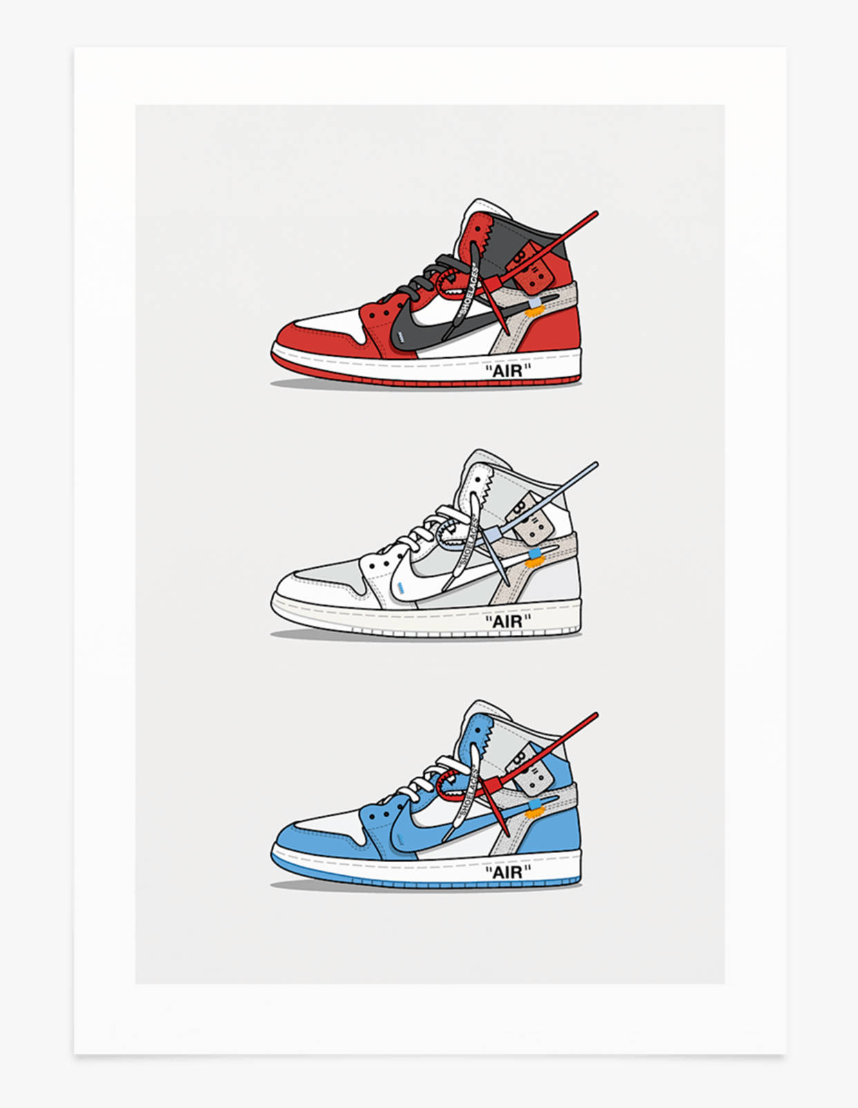 卡通鞋子 桌布 壁紙 — 三雙風格化的 Off-White x Air Jordan 1 運動鞋，顏色為紅、白、灰和藍，垂直堆疊，帶有對角紅色鞋帶。