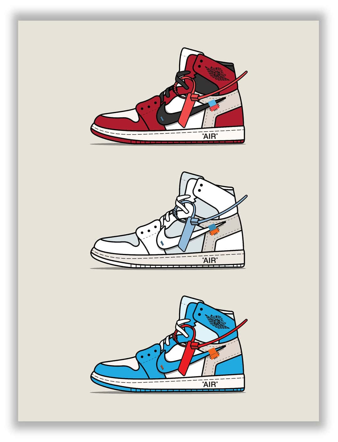 Sneaker 桌布 壁紙 — 三雙風格化的高筒運動鞋，紅、白、藍色，帶有'AIR'品牌標誌和紅色鞋帶，背景為米色。