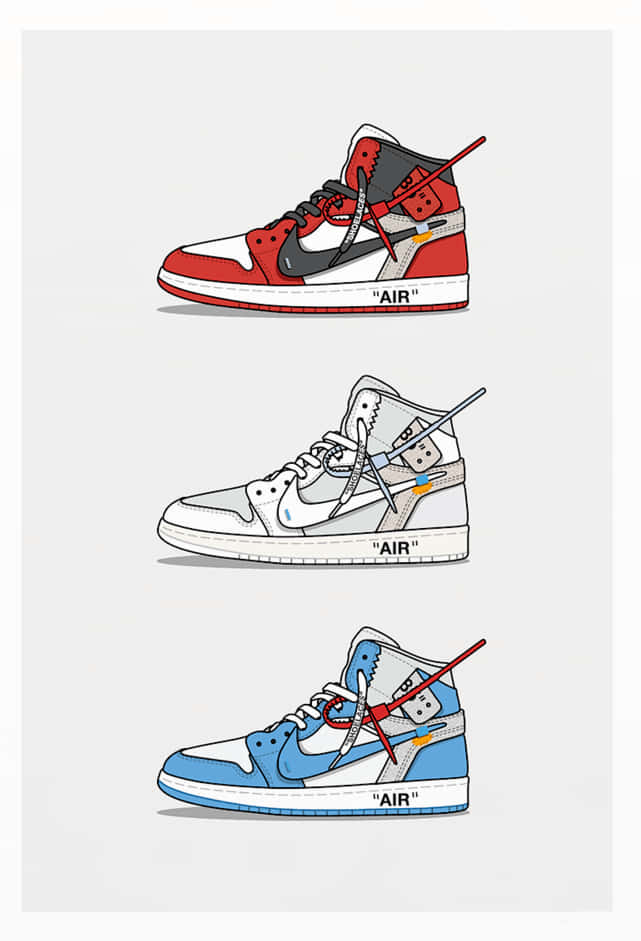 Off White Jordan 1 桌布 壁紙 — 三雙風格化的高筒運動鞋，紅、白、藍色，帶有外露縫線和紅色斜向綁帶，背景為淺灰色。