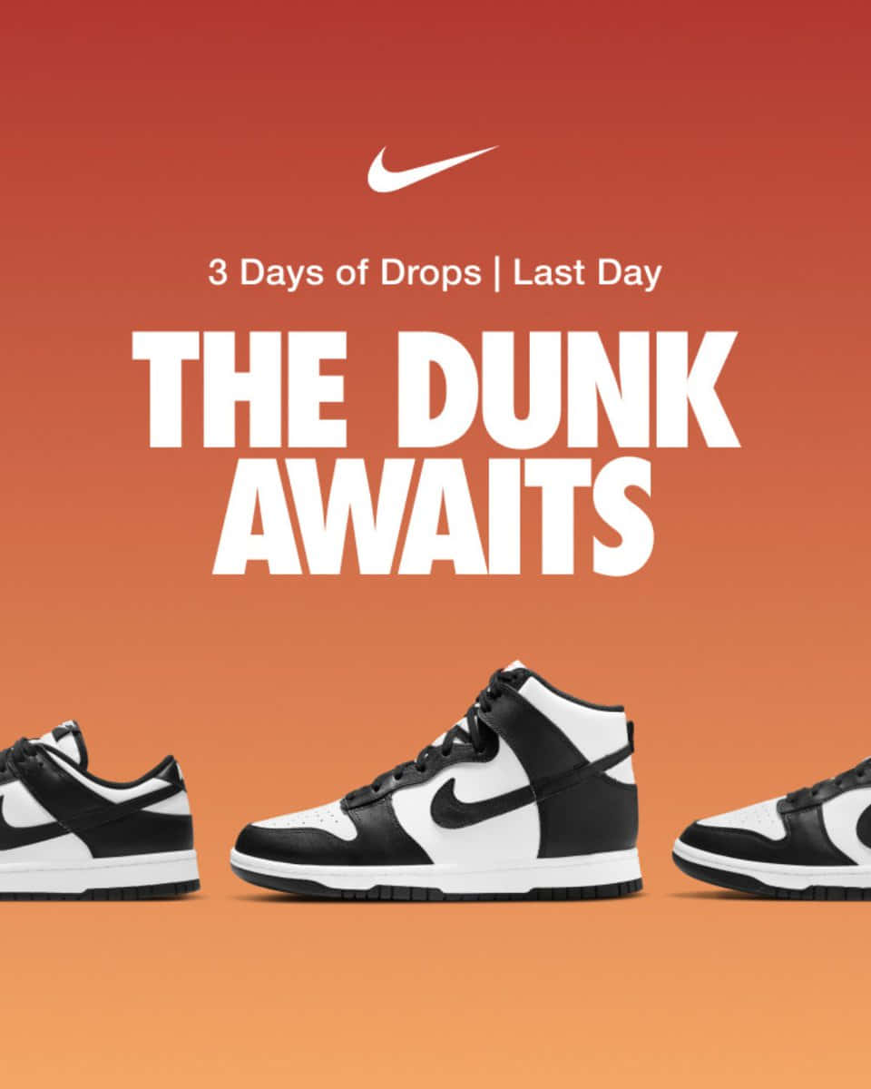 Nike 桌布 壁紙 — 三雙黑白Nike Dunk運動鞋展示在橙色漸層背景上，並以粗體白色文字宣布限量發售倒數。