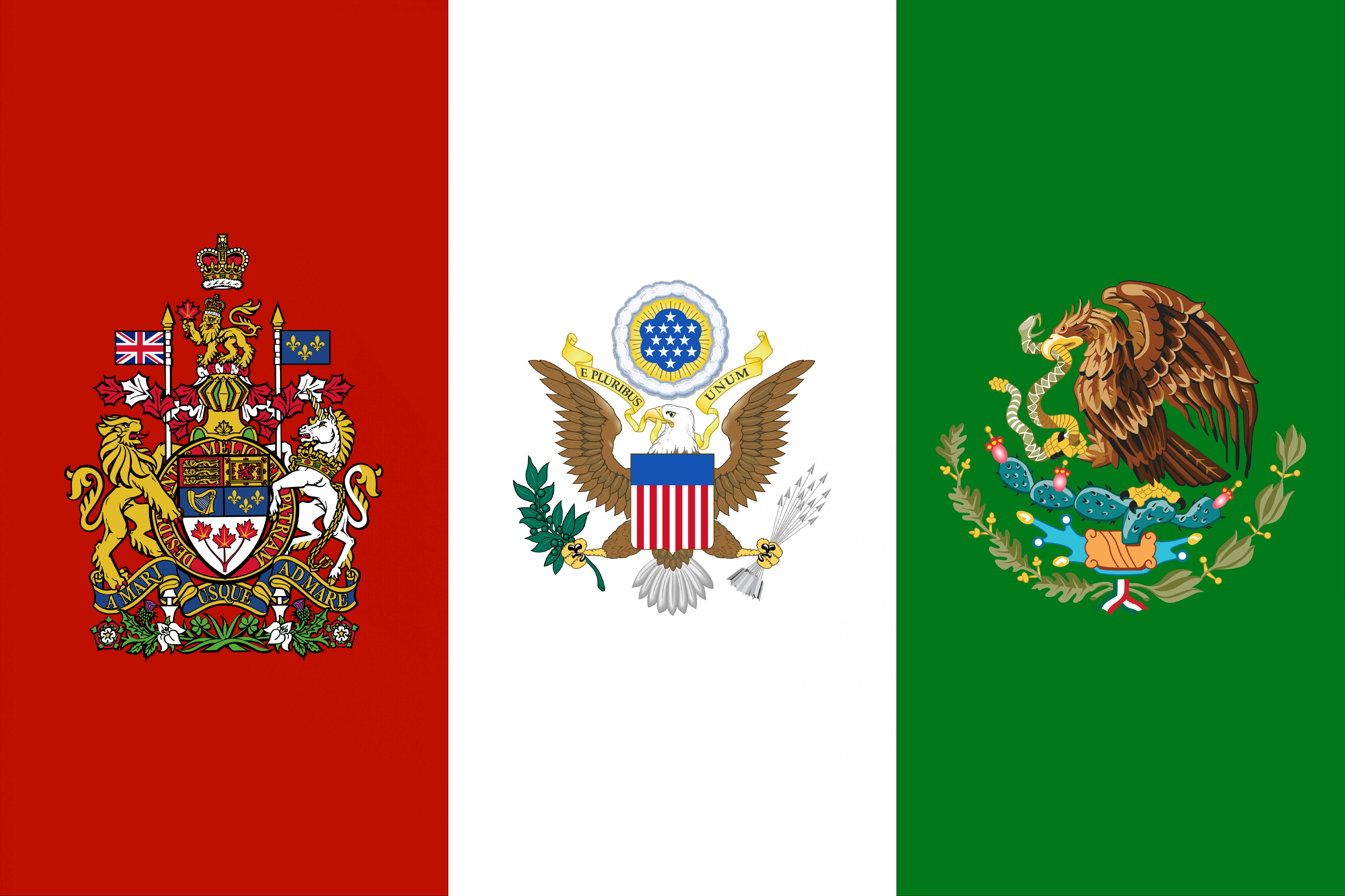 North America 桌布 壁紙 — 三面國旗並排：紅色上的英國盾徽、白色上的美國鷹徽、綠色上的墨西哥鷹。