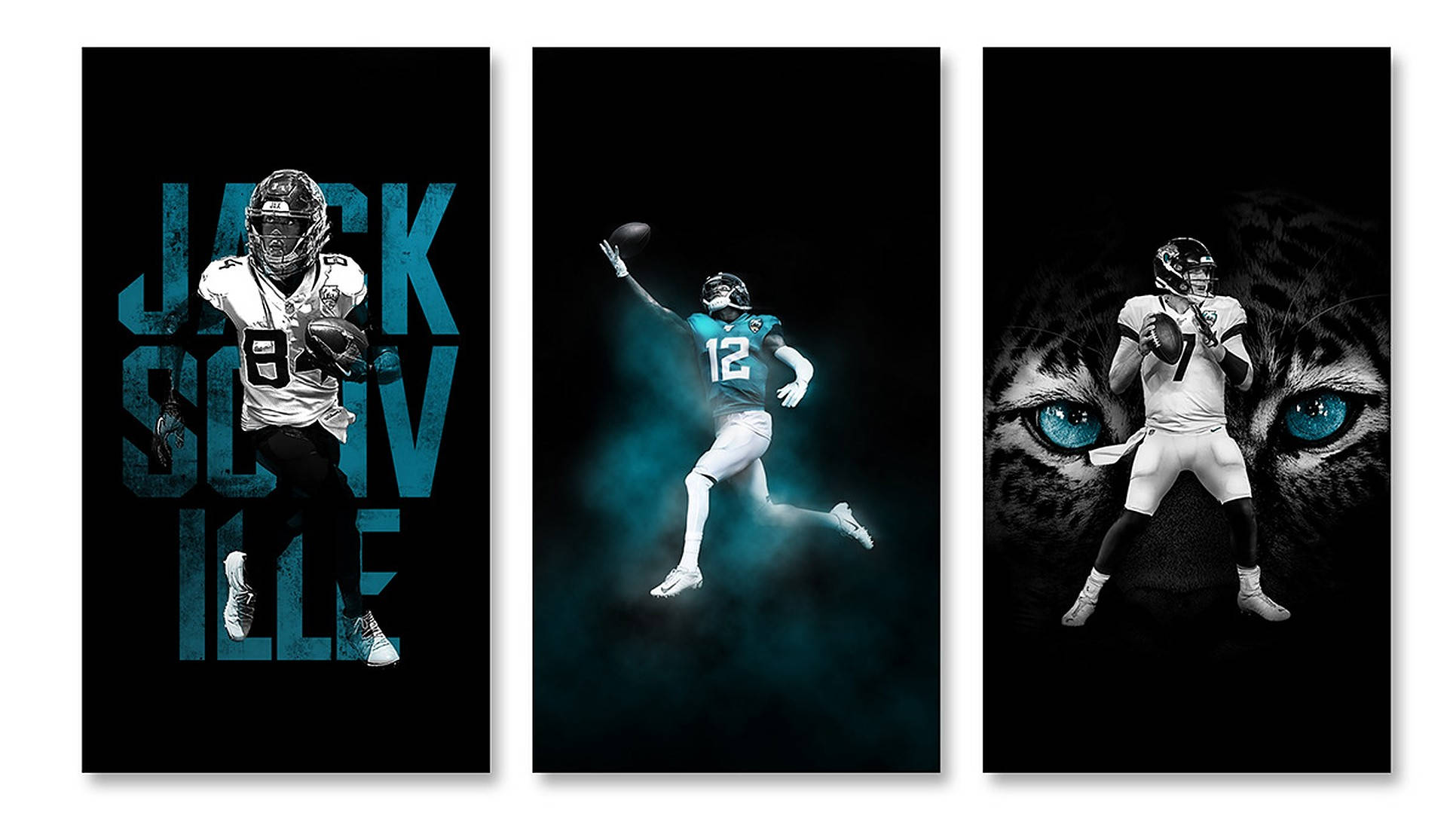 Jaguars 桌布 壁紙 — 三面板壁紙，展示足球運動員 Jack Doyle 在黑色背景上的動態姿勢，搭配青綠色點綴和虎眼圖案。