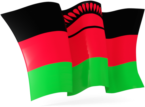 Malawi 桌布 壁紙 — 三面飄揚的馬拉威國旗，帶有黑色、紅色和綠色條紋以及紅色太陽標誌，背景透明。