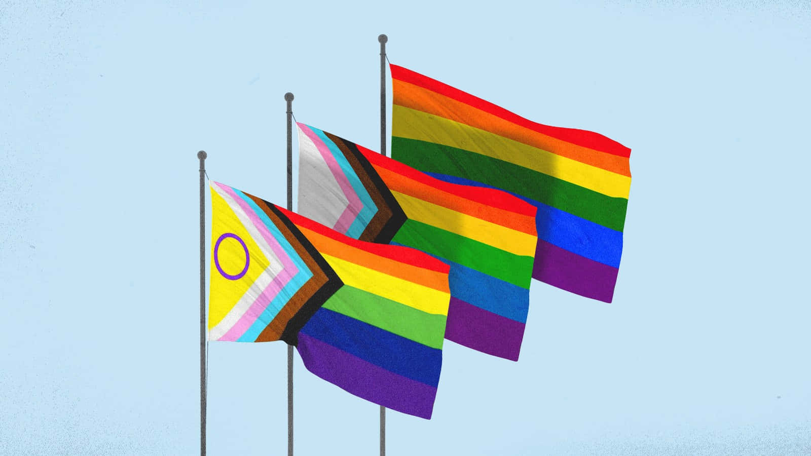 Pride Flag 桌布 壁紙 — 三面驕傲旗幟在柔和藍天中飄揚，帶有輕微風紋和細膩質感。