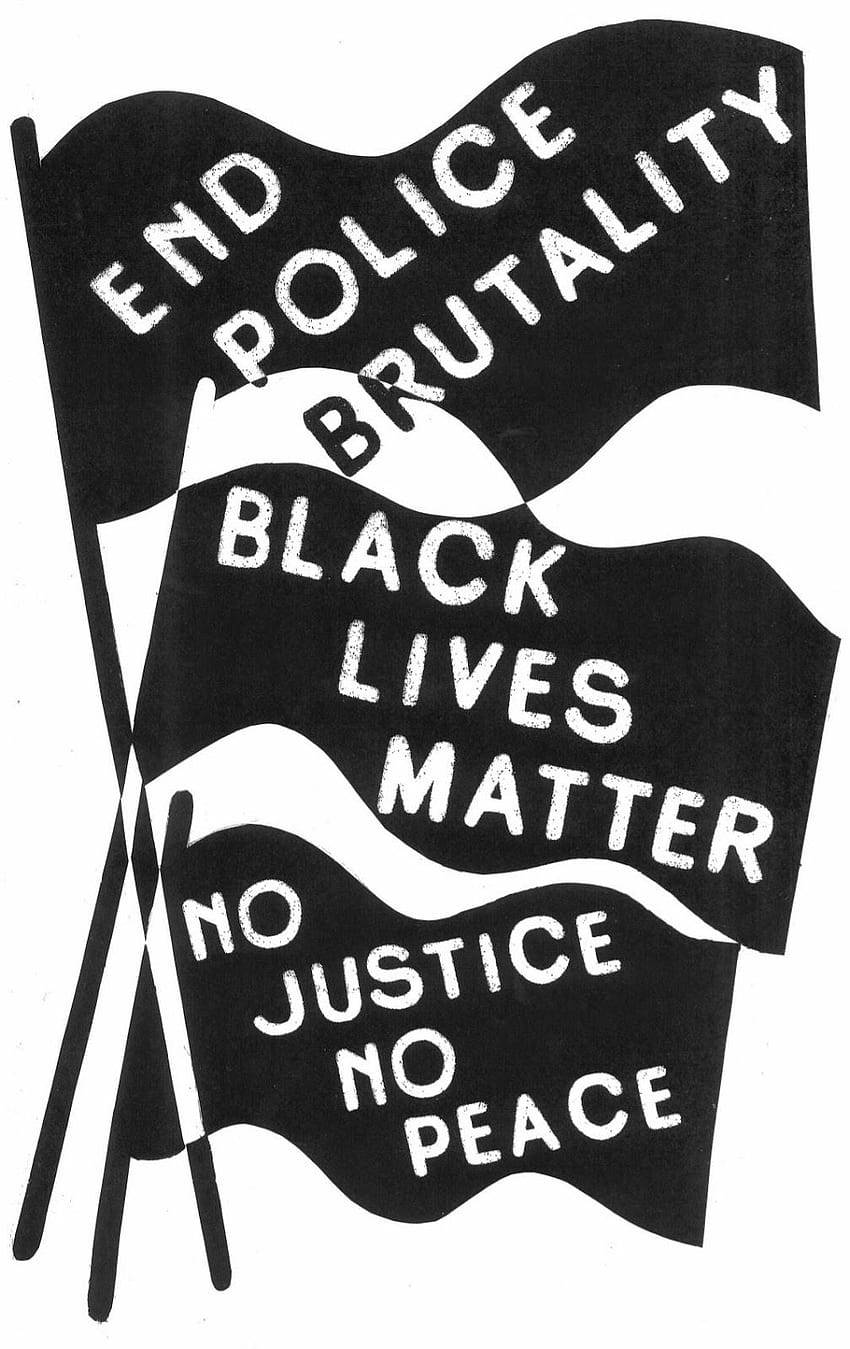 白色 桌布 壁紙 — 三面黑色抗議旗幟，上面以粗體白色字體寫著「End Police Brutality Black Lives Matter No Justice No Peace」，在純白背景上飄揚。