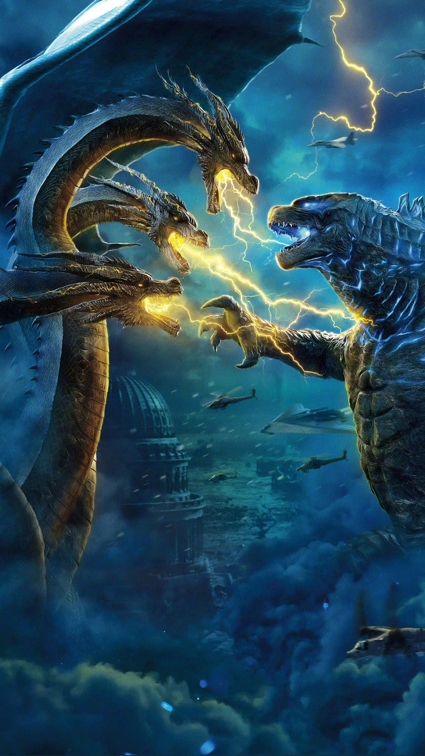 King Ghidorah 桌布 壁紙 — 三頭龍與哥吉拉在雷電照亮他們戰鬥的廢墟城市上空暴風雨中碰撞。