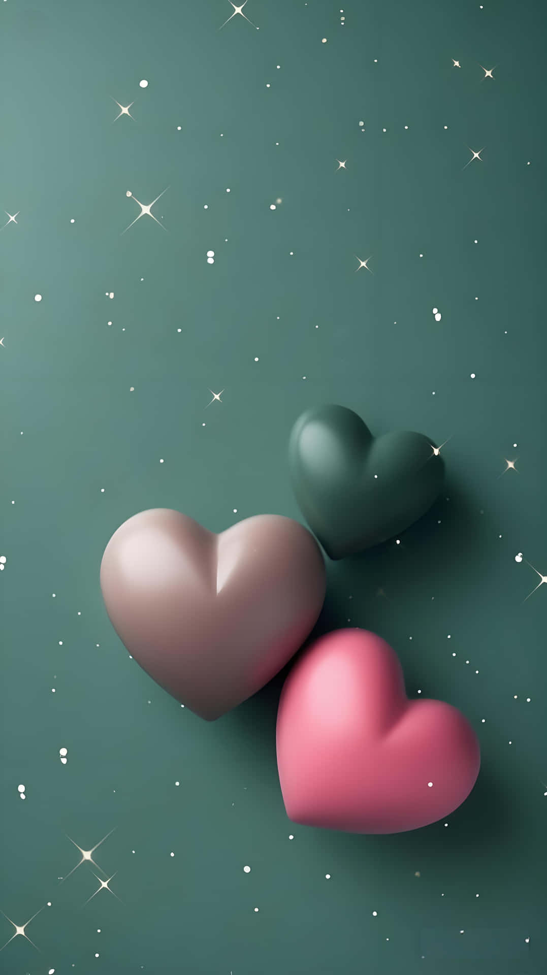 Starry Hearts: Dreamy 3D Love Wallpaper 壁紙 — 三顆光滑的心形，粉紅色、紫紅色和深綠色，漂浮在星空藍綠色背景上。