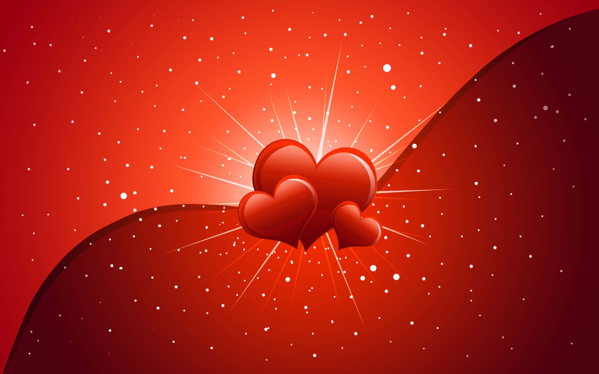 High Resolution Valentines Day 桌布 壁紙 — 三顆光澤的紅色心形在漸變紅色背景上閃耀著光芒，背景點綴著白色星星。