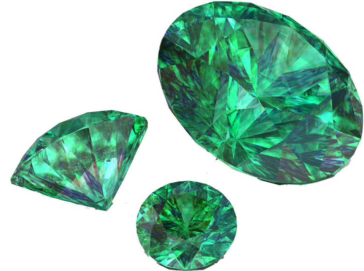 Gemstone 桌布 壁紙 — 三顆切割精美的祖母綠寶石，在純黑背景下閃耀著鮮豔的綠色刻面。