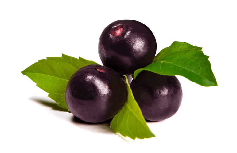 Acai 桌布 壁紙 — 三顆帶有綠色葉子的光澤紫色莓果，放在白色盤子上，襯托著純黑背景。