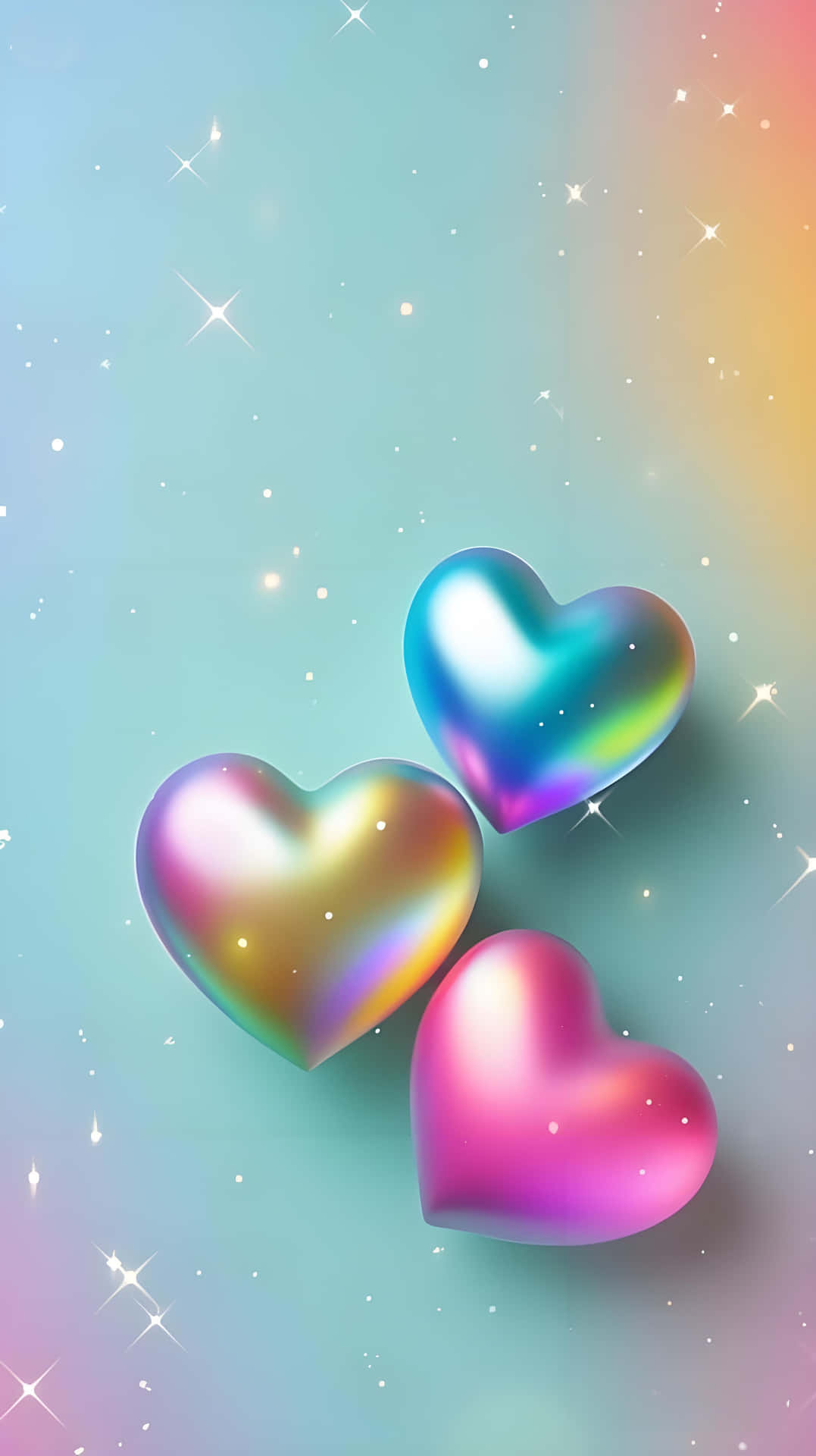 Holographic Heart Glow: Romantic Dreamy Love Wallpaper 壁紙 — 三顆彩虹色的心臟漂浮在點綴著閃爍星星的粉彩漸變天空上。