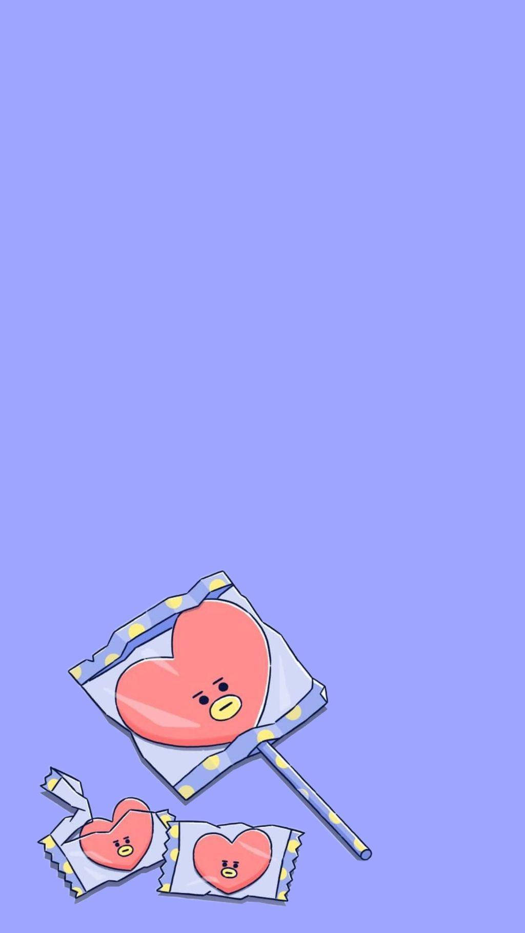 塔塔 BT21 桌布 壁紙 — 三顆心形棒棒糖，帶有可愛卡通臉孔，放在純淡紫色背景上。