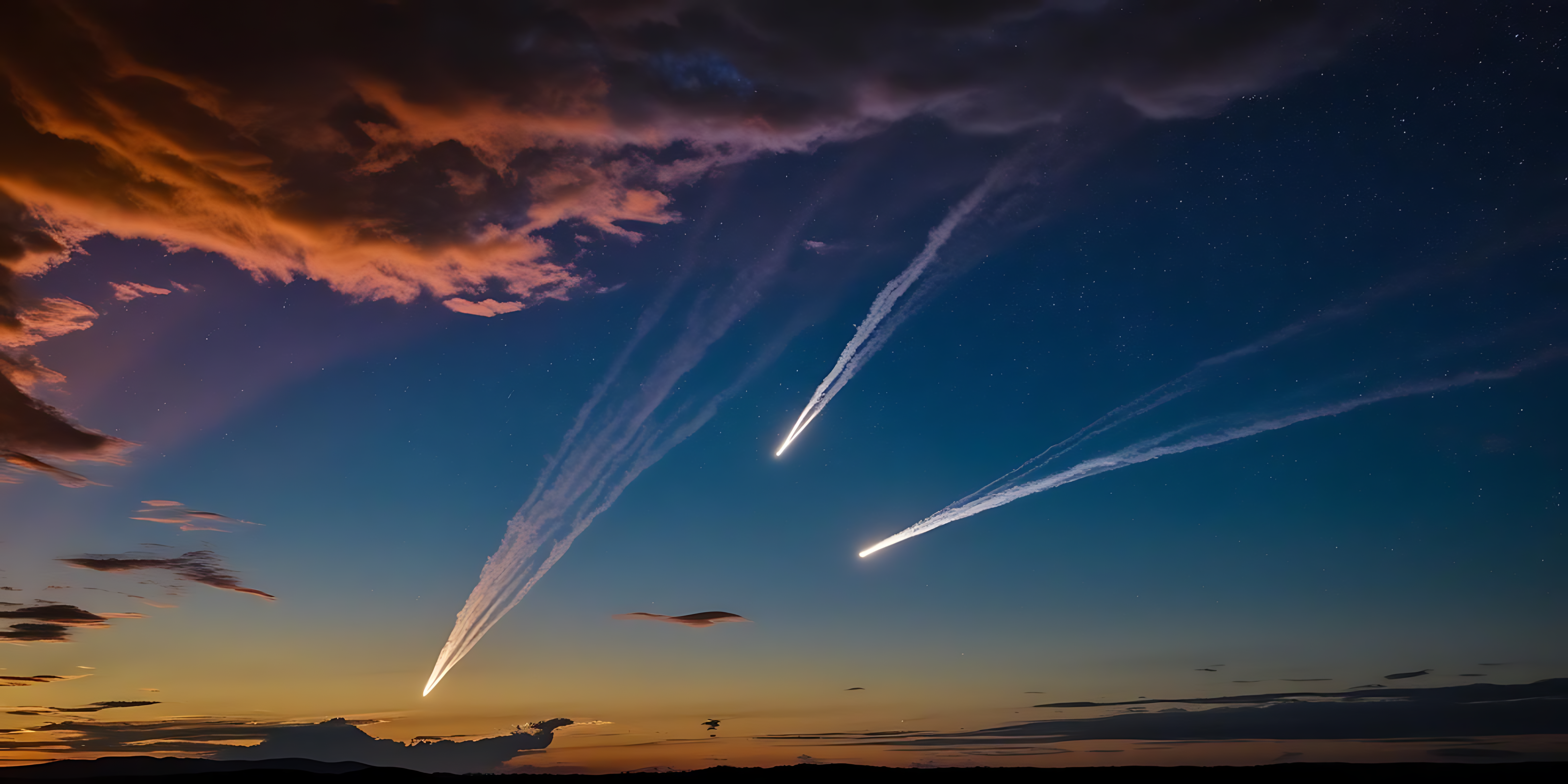 meteor 桌布 壁紙 — 三顆明亮的流星對角劃過繪有橙色雲彩和深藍色星星的暮色天空。