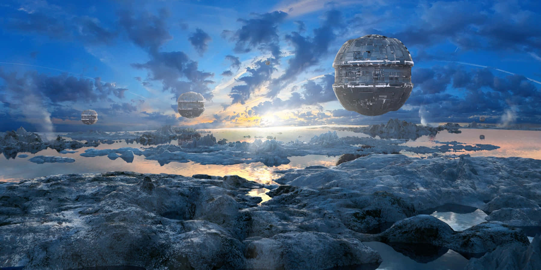 Terraforming 桌布 壁紙 — 三顆死星在日落時分懸浮在冰凍的苔原上，在冰封地形上投下戲劇性的陰影。