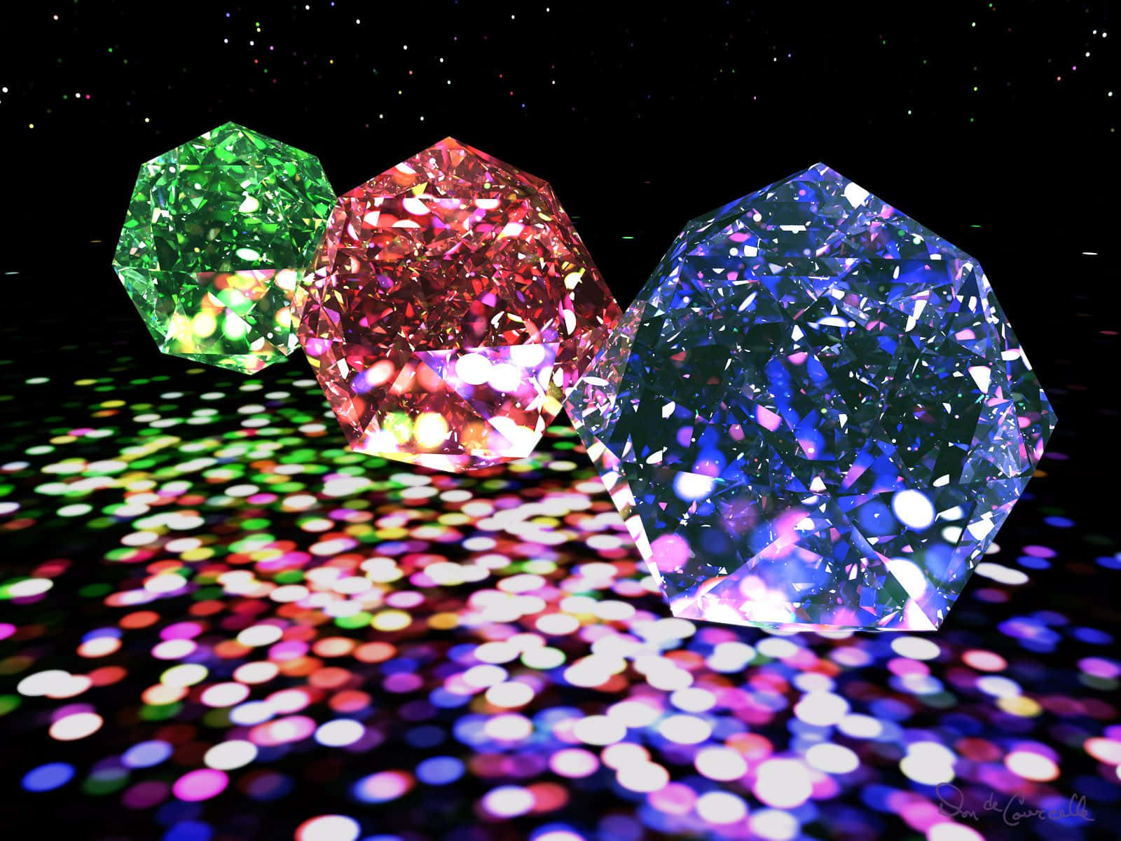 Crystal 桌布 壁紙 — 三顆發光的刻面寶石漂浮在閃爍的多彩散景地板上，背景是繁星點點的黑色虛空。