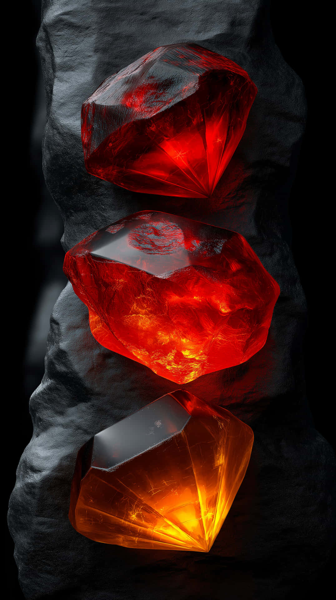 Volcanic Gemstone Core 壁紙 — 三顆發光的紅色和橙色寶石嵌入深灰色岩石中，在黑色背景下散發出光芒四射的內部光線。
