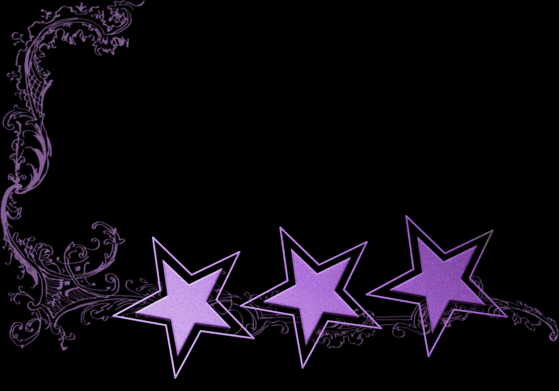 Star Border 桌布 壁紙 — 三顆發光的紫色星星和華麗的捲曲花紋裝飾著黑色背景，形成一個裝飾邊框設計。